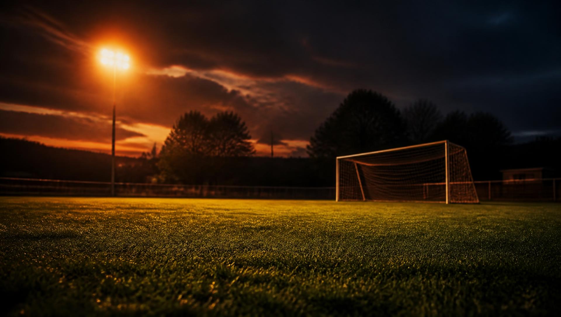 Floodlit grassroots football pitch at dusk